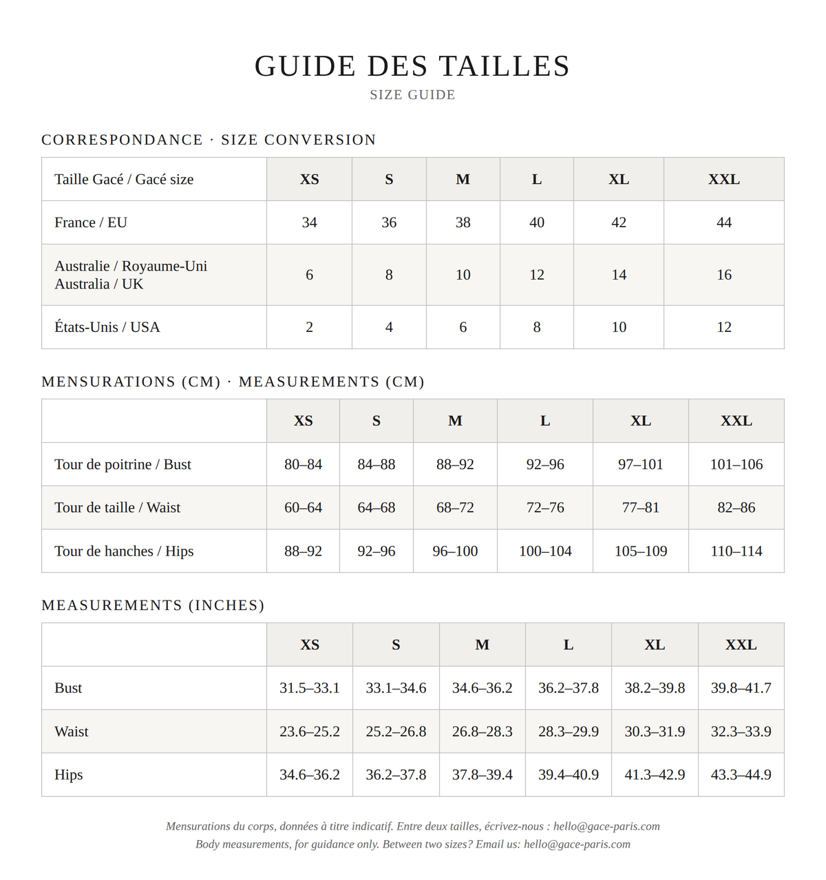 Guide des tailles Gacé